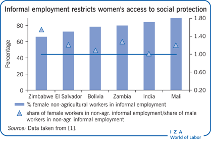 Women's heavy reliance on informal
                        employment restricts their access to social protection