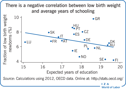 There is a negative correlation between
                        low birth weight and average years of schooling
