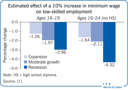 Estimated effect of a 10% increase in
                        minimum wage on low-skilled employment