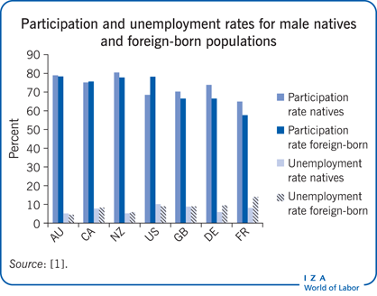 Participation and unemployment rates for
                        male natives and foreign-born populations