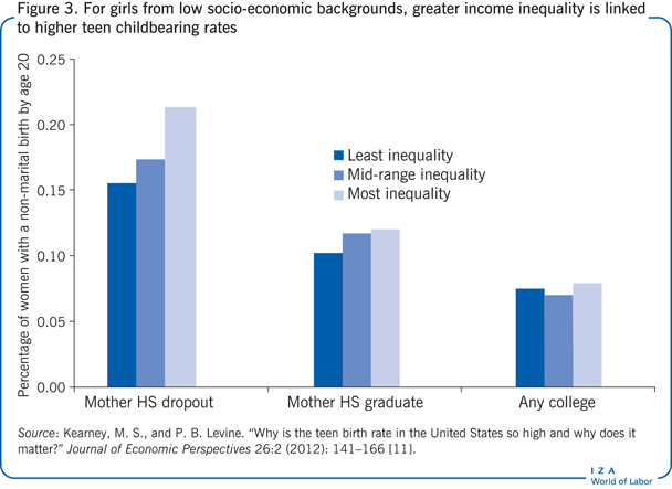 For girls from low socio-economic
                        backgrounds, greater income inequality is linked to higher teen childbearing
                        rates