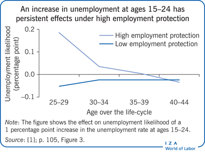 An increase in unemployment at ages 15–24
                        has persistent effects under high employment protection