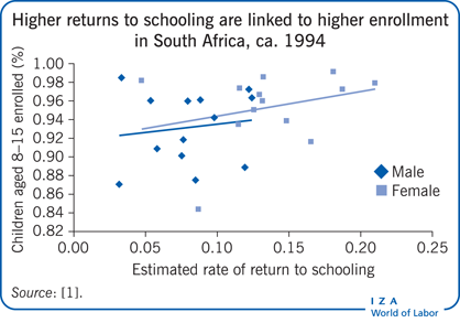 Higher returns to schooling are linked to
                        higher enrollment in South Africa, ca. 1994