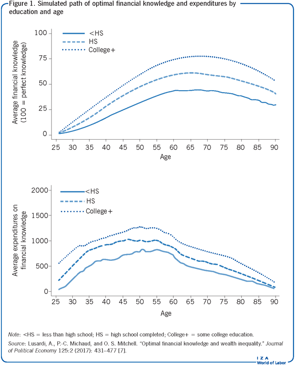 Simulated path of optimal financial
                        knowledge and expenditures by education and age