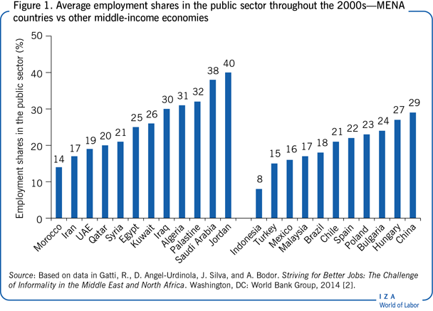 Average employment shares in the public
                        sector throughout the 2000s—MENA countries vs other middle-income
                        economies