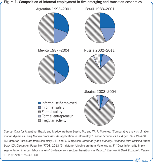 Composition of informal employment in five
                        emerging and transition economies