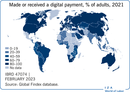 Made or received a digital payment, % of
                        adults, 2021