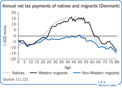 Annual net tax payments of natives and
                        migrants (Denmark)
