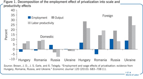 Decomposition of the employment effect of
                        privatization into scale and productivity effects