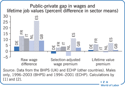 Public-private gap in wages and lifetime
                        job values (percent difference in sector means)
                        