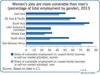 Women’s jobs are more vulnerable than
                        men’s (percentage of total employment by gender), 2013
