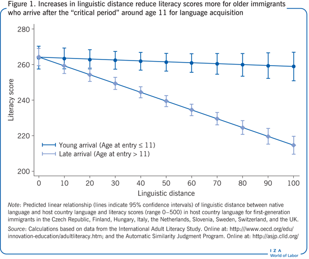 Increases in linguistic distance reduce literacy scores
      more for older immigrants who arrive after the “critical period” around age 11 for language
      acquisition
