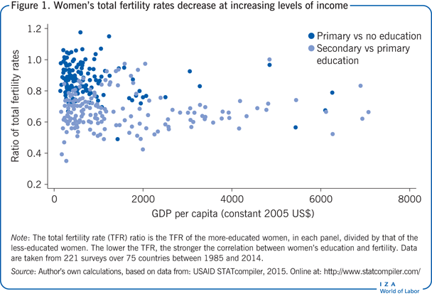 Women’s total fertility rates decrease at
                        increasing levels of income