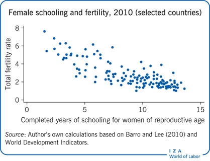 Female schooling and fertility, 2010
                        (selected countries)