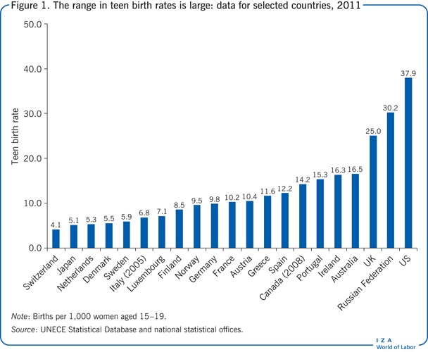 The range in teen birth rates is large:
                        data for selected countries, 2011