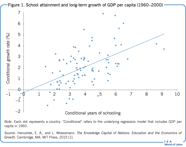School attainment and long-term growth of
                        GDP per capita (1960–2000)