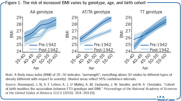 The risk of increased BMI varies by
                        genotype, age, and birth cohort