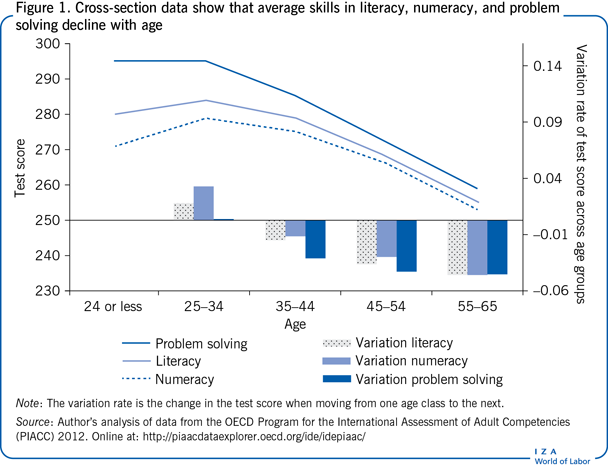 Cross-section data show that average
                        skills in literacy, numeracy, and problem solving decline with age