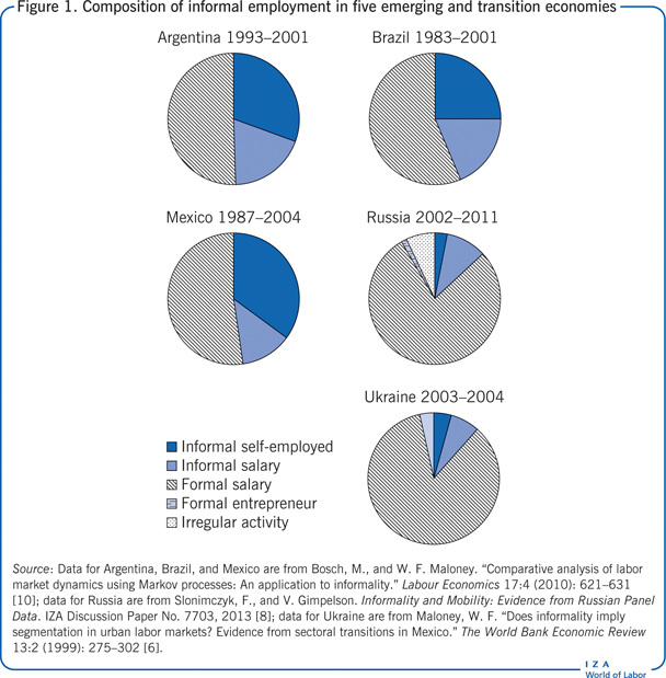 Composition of informal employment in five
                        emerging and transition economies
