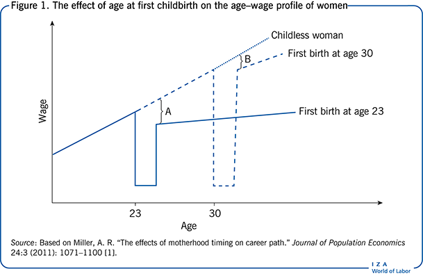 The effect of age at first childbirth on
                        the age–wage profile of women