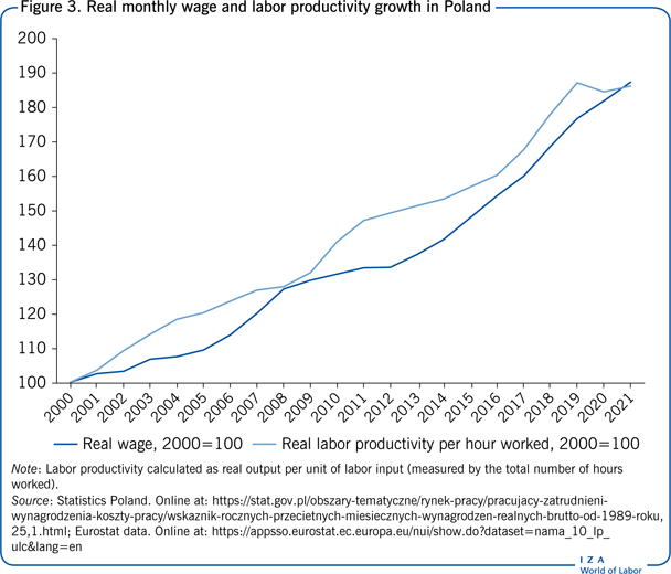 Real monthly wage and labor productivity
                        growth in Poland